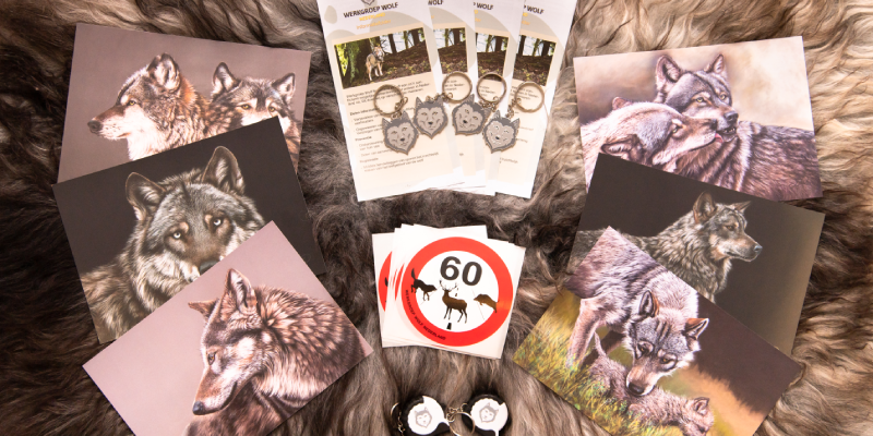 Een foto van een aantal artikelen die beschikbaar zijn in de webshop, zoals ansightkaarten, sleutelhangers, stickers en informatiefolders.