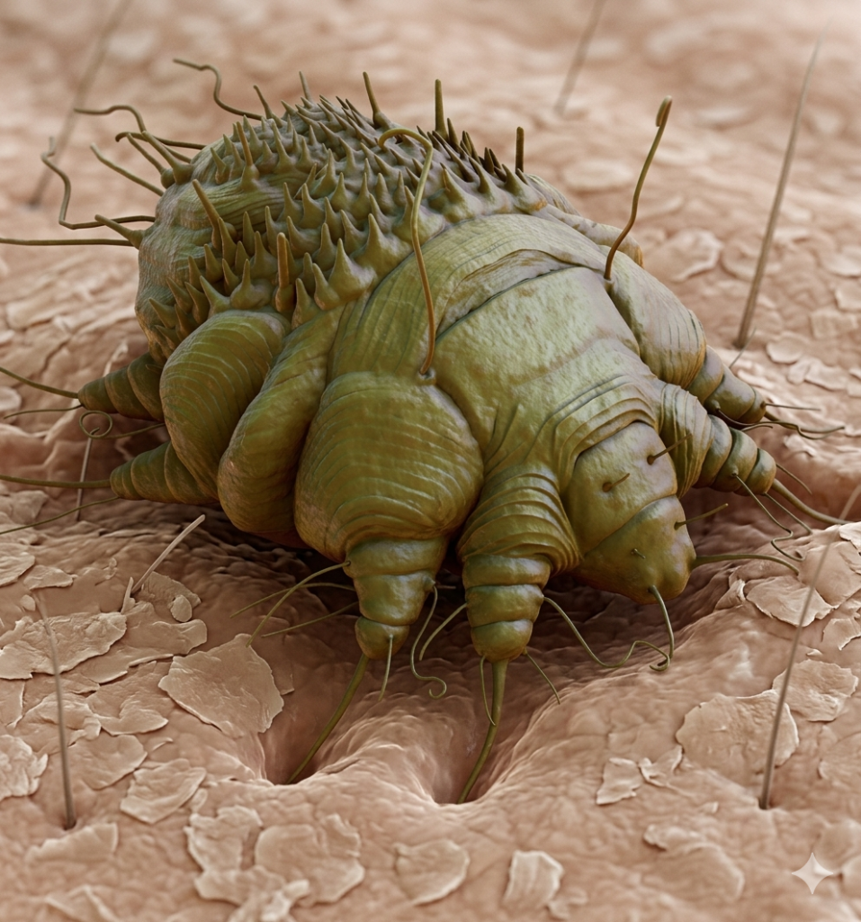 Gekleurde macroscopische weergave van een Sarcoptes scabiei mijt (schurftmijt) die over een ruw huidoppervlak met haren kruipt.